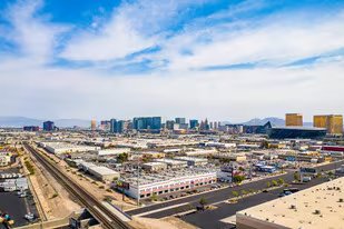 Aerial view of Las Vegas industrial corridor with Strip skyline